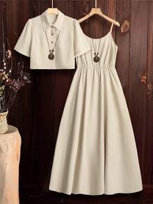 Ellevyn 2 件套女士亚麻纹理无袖连衣裙搭配短袖衬衫夹克，优雅修身，适合日常穿着，春夏季 - 卡其色 - 查看 6