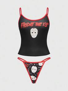 Friday the 13th X ROMWE 女士口罩字母图案无钢圈文胸和内裤套装 - 黑色 - 查看 1