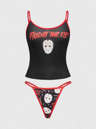 Friday the 13th X ROMWE Mask & Letter Graphic Wireless Bra & Panty Set For Women