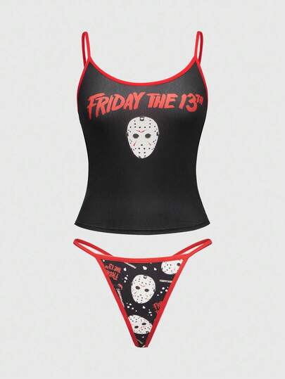 Friday the 13th X ROMWE Conjunto de sujetador y panty inalámbrico con gráfico de máscara y letra para mujeres