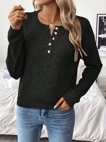 EMERY ROSE 女士新款纯色毛衣，半拉链纽扣针织套头衫，冬季 - 黑色 - 查看 3