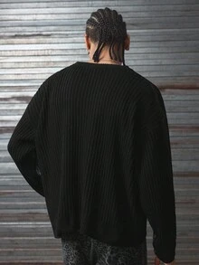 AXEPEAK Men's Casual Loose Fit Letter Pattern Round Neck Drop Shoulder Long Sleeve Sweater, Autumn/Winter - Black - View 2