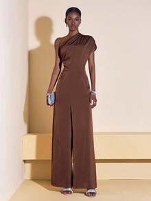 Zivah 2025 Autumn New Arrival Music Festival, Easter, St. Patrick's Day, Western Style, Nomadic Style, Birthday Party, Graduation Season, Campus Style, Student Wear, Casual Daily Outfit, Vacation, Cruise Travel, Beach, Sunbathing, Fashionable, Streetwear, Elegant Asymmetric Design Textured Fabric Brown Jumpsuit - Brown - View 8