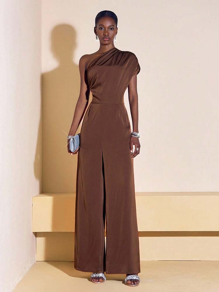 Zivah Mono de tela texturizada con diseño asimétrico elegante, en color marrón, para uso en festivales de música, Pascua, Día de San Patricio, estilo occidental, estilo nómada, fiesta de cumpleaños, temporada de graduación, estilo universitario, ropa casual diaria, vacaciones, cruceros, playa, tomar el sol, moda, ropa urbana. Nuevos lanzamientos de otoño 2025. - Marrón - Añade 8