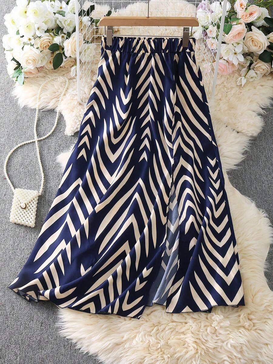 SHEIN PETITE 女士休闲豹纹高腰开衩下摆夏季半身裙 - 彩色 - 查看 1