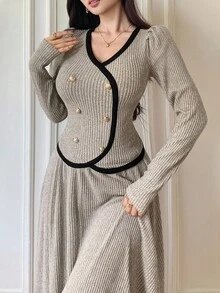 DAZY 女士休闲撞色拼布 V 领上衣和 A 字裙两件套，秋季 - 杏色 - 查看 7