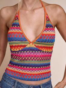 SHEIN BAE Women's Y2K Geometric Pattern Cropped Fitted Sexy Halter Neck Camisole - Orange - View 6