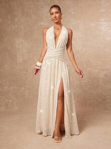 Lumalex Fall New Style WomenWinter Gathering Party Glamour Elegant Banquet Modest Old Money Glitter Holiday Party Glamour Elegant Rave Festival Outing Vacation Hot Outdoor Richly Layered Wedding Season Banquet Coming Of Age Ceremony Faux Fur, Sequin & Bead Embellished Backless High Slit Dress For Women White Sequin Dress Plunge Dress Deep V Dress White Rhinestone Dress Faux Pearl Dress Luxury Prom ID Al-Adha Al-Adha Party New Year - Apricot - View 9