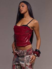 MUSERA Kunstleder Schlangenhaut Korsett mit Mesh- und Spitzenlagen, geraffter Passform Top, cooles Mädchen Ausgeh-Outfit, sexy Kostüm für Frauen, Karmesinrot Party, elegantes Valentinstag, Festival, Karneval, Frühling Sommer Urlaub - Rot und Schwarz - Übersicht 3