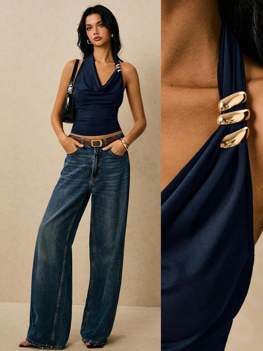 Poéselle 女士时尚性感不对称领口露背吊带上衣