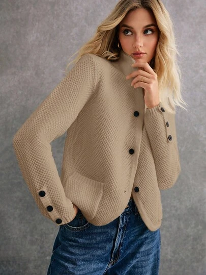 Poéselle Áo khoác cardigan dài tay màu trơn rộng rãi thoải mái dành cho nữ, đa năng để mặc hàng ngày, quần áo thu đông cho nữ