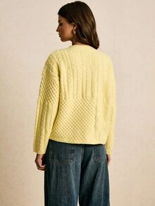 Poéselle 女式休闲麻花落肩长袖针织开衫，秋冬 - 黃色 - 查看 8