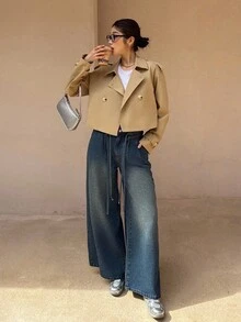 K-Vae 女士秋冬卡其色日常韩版短款风衣，老款风格，万圣节服装，别致秋季 - 卡其色 - 查看 2