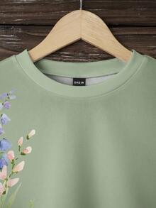 SHEIN LUNE Áo sweatshirt dài tay cổ tròn dáng rộng, họa tiết hoa vintage, phong cách thường ngày, dành cho nữ mùa thu/đông. Áo sweatshirt màu xanh lá cây nhạt, thích hợp mặc mùa thu/đông, thích hợp mặc ở nhà. - Nhiều màu - Xem 6