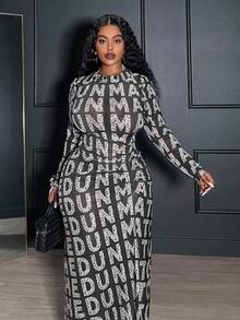 Veslaya Spring/Autumn New Elegant Sexy & Party & Date & Evening & Graduation & Wedding & Birthday Party Banquet Fitted Sheer Mesh English Letter Print Long Sleeve Round Neck Waist Ruched Maxi Plus Size Dress - A - Black - View 6