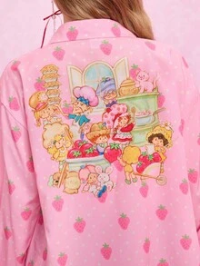 Strawberry Shortcake X SHEIN 女士休闲乡村风格可爱卡通人物和草莓印花宽松落肩长袖衬衫，春秋 - 粉色 - 查看 6