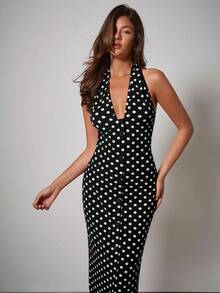 COSMINA Women's Elegant V-Neck Polka Dot Belted Dress, Early Autumn,Date Night Outfits Women,Going Out Outfits,Birthday Dresses For Women,Dress For Wedding Guest,Party Dresses For Women - Black - View 4