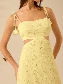 CAJUNI 女式波西米亚白色镂空面料，镂空腰后绑带无袖白色连衣裙，节日休闲夏装 - 黃色 - 查看 8