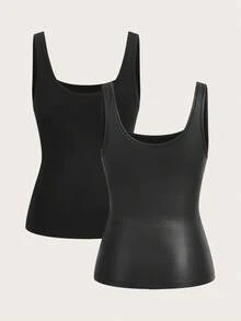 Slaydiva 2pcs Women Casual Crew Neck Ruched Waist Bodycon Tank Top Set, Versatile, Suitable For Daily Wear - Black - View 2