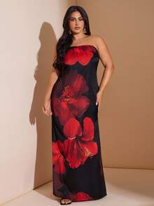 SHEIN BAE Plus Size Women Red /Black Floral Satin Jacquard Dress/ New  Fall Fashion Clothes For Women,Autumn Outfits Women Plus Size ,Halloween Costume,Wedding Guest Dress Women,Going Out Dress Women,Homecoming Dress,Formal Dress Plus Size,Fall Clothes Plus Size,Plus Size Woman Dresses,Dresses Classy Elegant,Birthday Dresses For Women,CURVE,Christmas Women's Clothing,National Day,Graduation/Curvy Elegant Dresses For Party