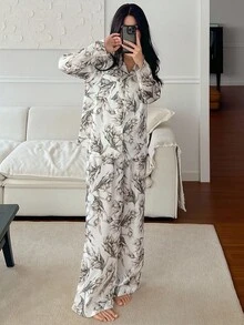 DAZY Charming Floral Print Women Pajama Set, Fall Clothes - White - View 3