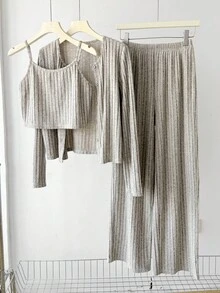 SHEIN 3 件套青少年女孩休闲日常搭配吊带背心、长袖开衫和松紧腰直筒裤针织套装，杏色 - 杏色 - 查看 8