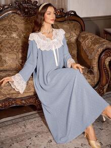 SHEIN 女士蕾丝拼接宫廷风镂空长袖宽松睡裙，蕾丝睡裙，秋冬款 - 藍色 - 查看 1