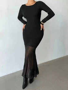 Elenzga Women's Elegant Fitted Boat Neck Organza Patchwork Hem Sweater Dress - Black - View 4