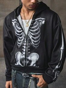 AXEPEAK 男式撞色印花连帽长袖运动衫，秋冬 - 黑色 - 查看 6