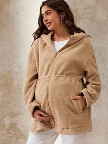 Boho Mama Teddy Fleece Hooded Jacket, Regular Maternity Coat
