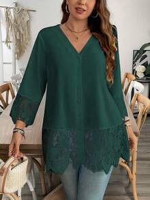 EMERY ROSE 大码女式V领纯色蕾丝拼布休闲衬衫 - 墨綠色 - 查看 4