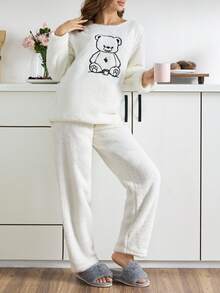 EURMUSE 2件套毛绒熊猫刺绣睡衣套装 - 白色 - 查看 4