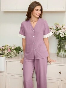 Snug Reverie Women Summer Contrast Color Ruffle V-Neck Cardigan Shirt And Pants Sleepwear Set - Mauve Purple - View 4