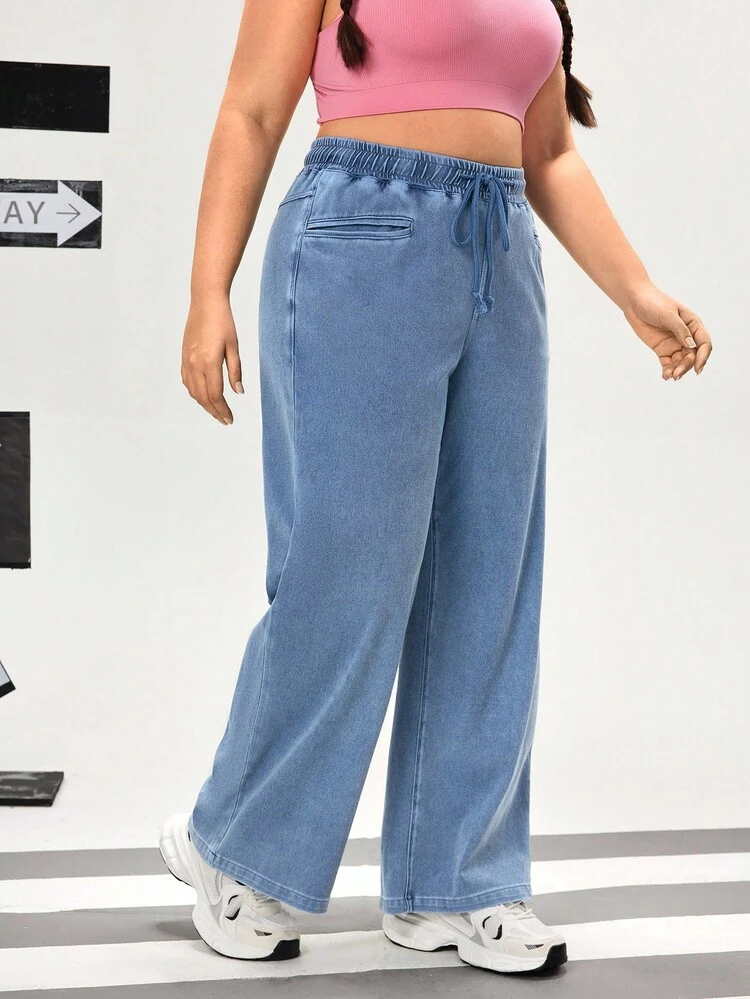 Flexra Oversized Sports Casual Straight Knit Jeans - Light Wash - View 6