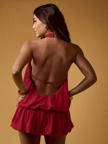 MISSGUIDED 露背吊带迷你连衣裙，泡泡袖下摆，露背设计，适合夏季派对晚宴，褶皱高领，优雅时尚 - 酒紅色 - 查看 2