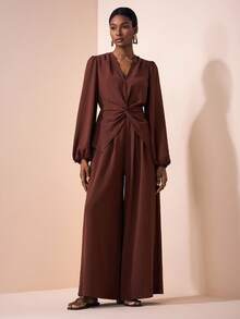 Zivah 2025 Herbst und Winter Neu Pendler Elegant Lässig Urlaub Braun V-Ausschnitt Verdrehte Langarm Bluse + Hohe Taille Weite Bein Lang Hose Damen Zweiteiler Set, Reise, Pendeln, Party, Urlaub, Old Money Stil, Einkaufen, Bankett, Elegant, Party, Date, Lässig - Braun - Übersicht 6