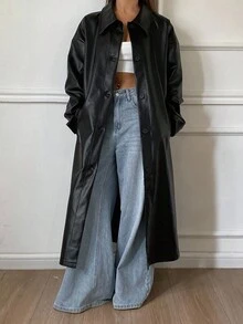 Livesso 女式秋季 PU 皮革长款翻领风衣 - 黑色 - 查看 5