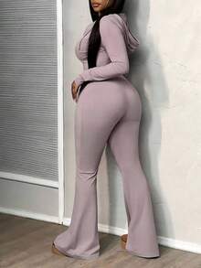 Slaydiva Conjunto de agasalho básico casual minimalista feminino 2 peças - jaqueta slim com zíper e capuz e calças flare de cintura alta - Roxo Empoeirado - Ver 1