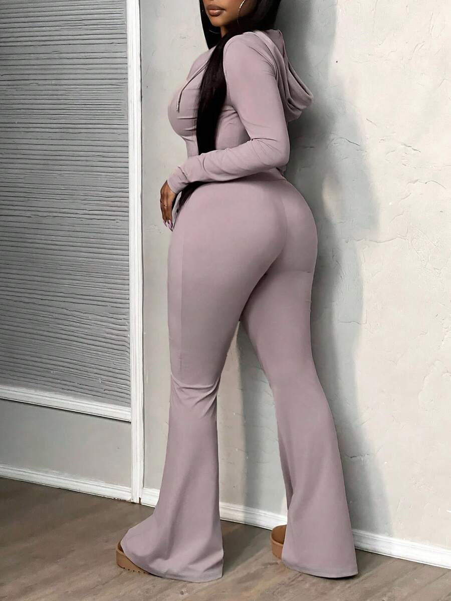 Slaydiva Conjunto de agasalho básico casual minimalista feminino 2 peças - jaqueta slim com zíper e capuz e calças flare de cintura alta - Roxo Empoeirado - Ver 1