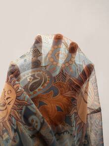 SHEIN ICON Áo len dệt kim buộc trước in họa tiết cổ điển Y2K cỡ lớn, họa tiết Paisley thần Mặt trời, phong cách Boho, áo cánh in họa tiết mỏng tay loe, lễ hội âm nhạc, kỳ nghỉ hè - Màu xanh lam - Xem 7