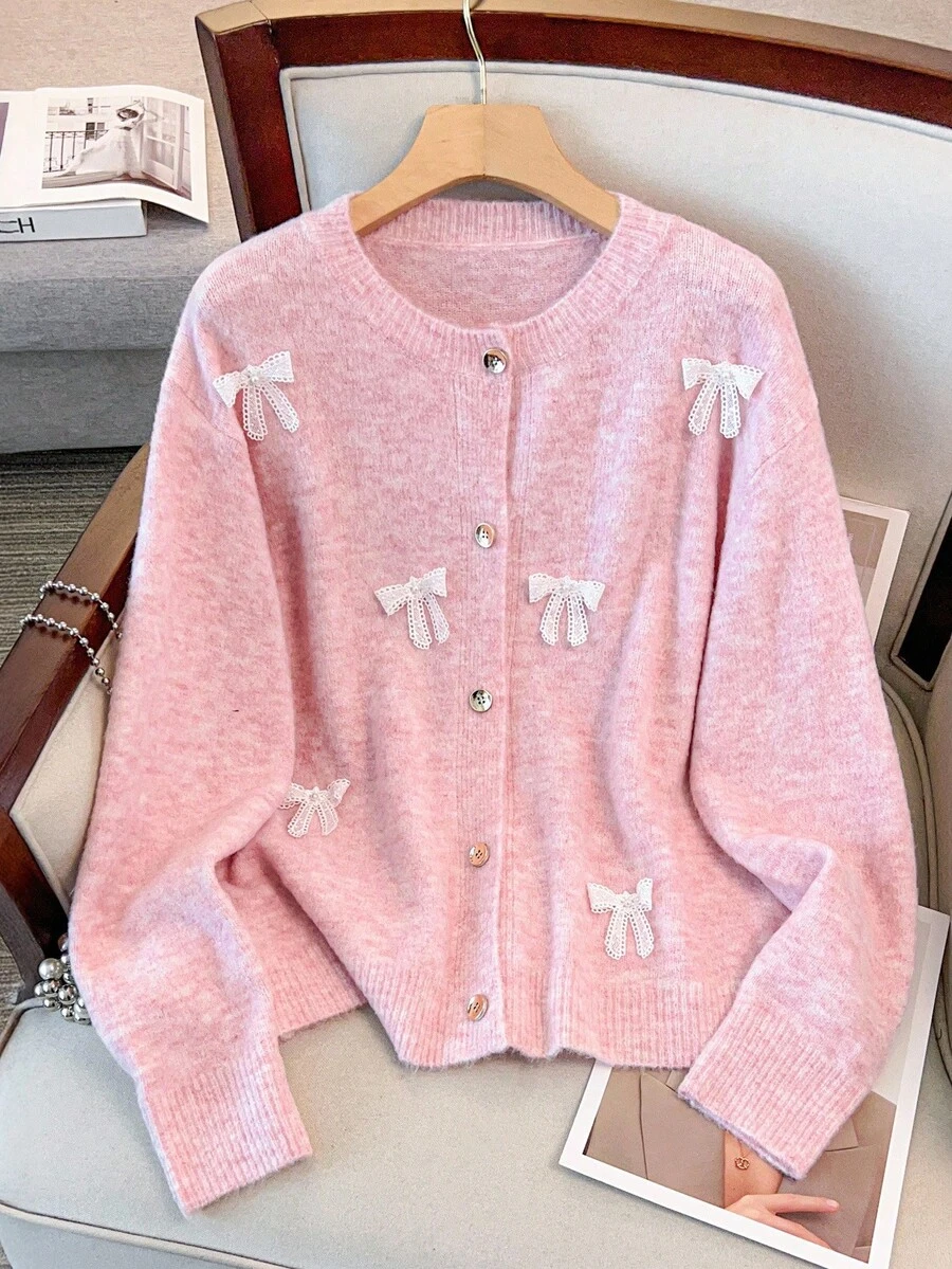 GlowEve CURVE 大码蝴蝶结装饰休闲长袖前扣开衫 - 粉色 - 查看 1