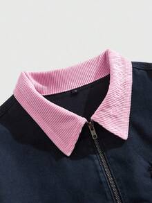 ROMWE MEN Casual 男士时尚花卉刺绣领拉链牛仔夹克 - 黑色 - 查看 3