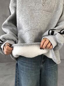 FRIFUL Women's Half-Zip Contrast Color Ribbon Decor Loose Fit Thermal Lined Thick Casual Hoodie