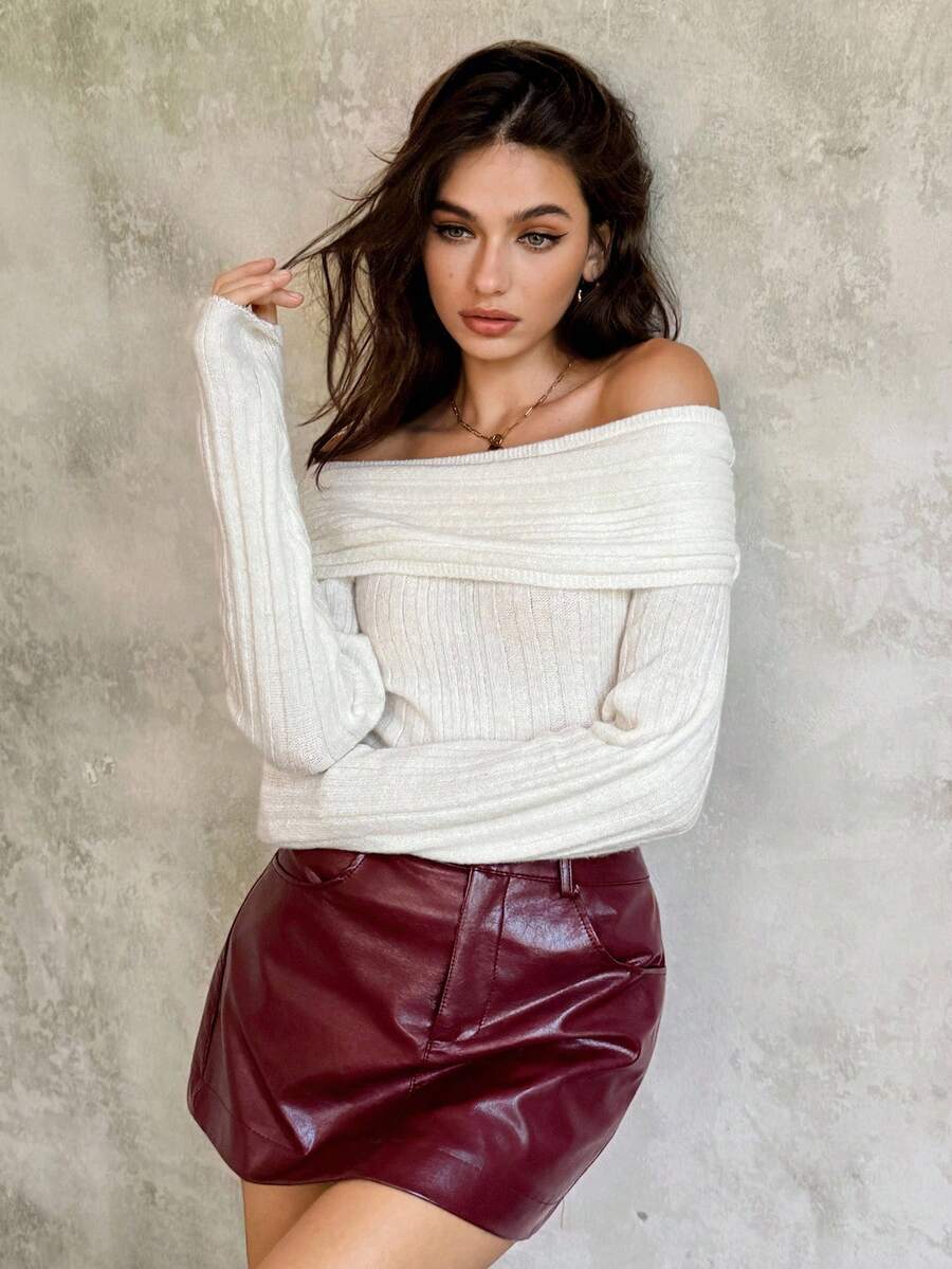 SHEIN Unity 女式纯色罗纹休闲意式长袖毛衣上衣，秋冬 - 杏色 - 查看 1