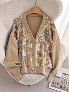 Elaquor Plus Size Women Floral Pattern Drop Shoulder Long Sleeve Casual Knit Cardigan, Autumn/Winter