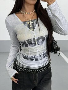 StreetHx Women's Gray Printed Patchwork Striped Long Sleeve T-Shirt - Grey - View 3