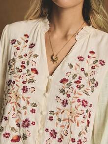 Poéselle Casual Loose Long Sleeve Embroidered Women Shirt, Suitable For Daily Wear, Boho Blouses, Boho Tops, Floral Blouses, Embroidered Blouses
