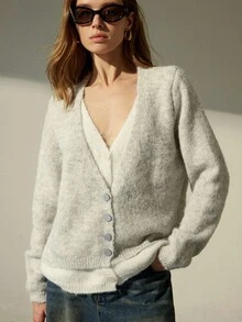 Aveloria Modichic Women's 2 In 1 Contrasting V-Neck Long Sleeve Sweater Cardigan