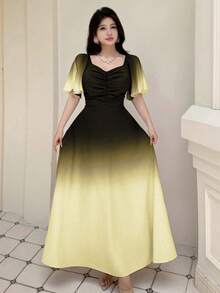 Modelyn 女式黑色和粉色渐变色蝙蝠印花褶饰短袖甜美法式夏装 - 黃色 - 查看 4