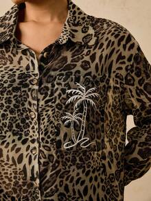 SHEIN VCAY 大码休闲波西米亚豹纹雪纺衬衫裙，带口袋，女式长袖 - 彩色 - 查看 6